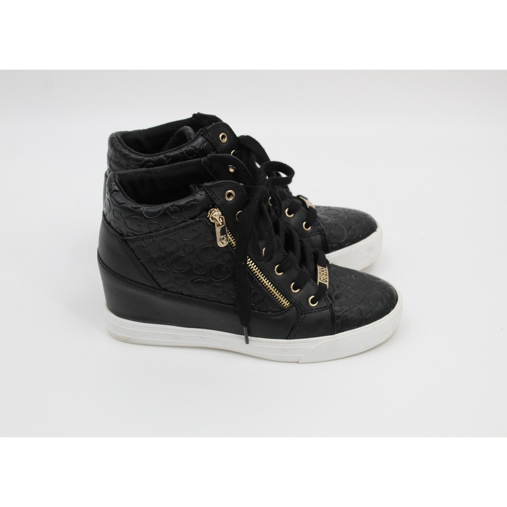 Guess Los Angeles Womens Black Embossed Logo Wedge High Top Sneakers Gold Zip